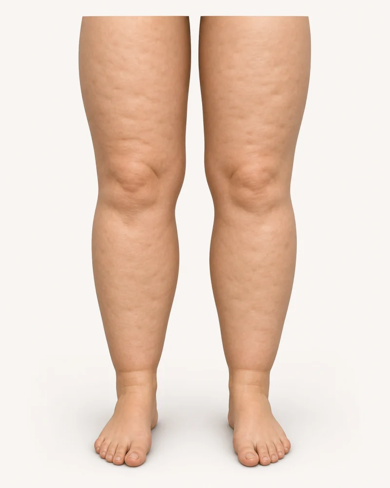 Ilustração clínica educativa do estágio II do lipedema: maior volume e irregularidades discretas na superfície