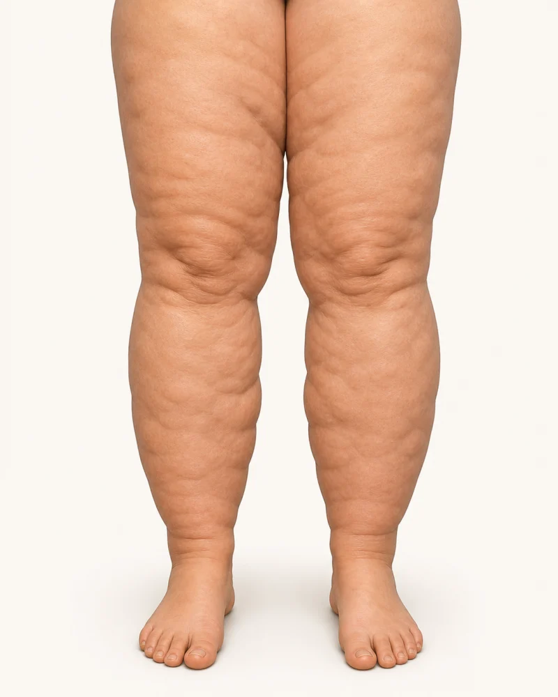 Ilustração clínica educativa do estágio III do lipedema: maior volume, lobulações e pés ainda preservados