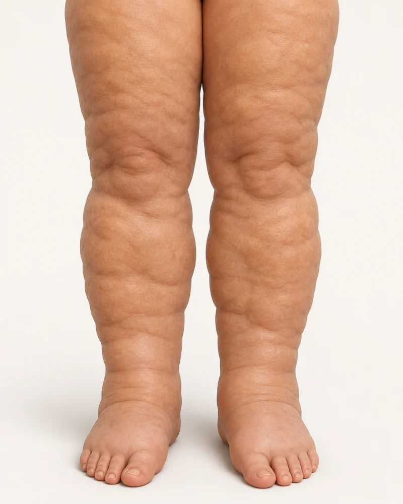 Ilustração clínica educativa do estágio IV do lipedema: lipolinfedema com inchaço alcançando tornozelos e pés